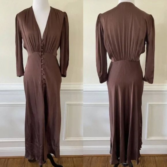 Ghost London Madison Dress Brown Size XS Satin Button Front $260 - Picture 3 of 3